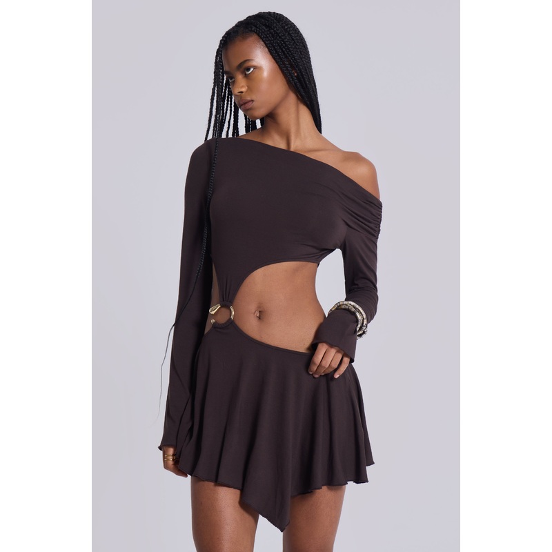 Dera Asymmetric Cut Out Mini Dress in Brown
