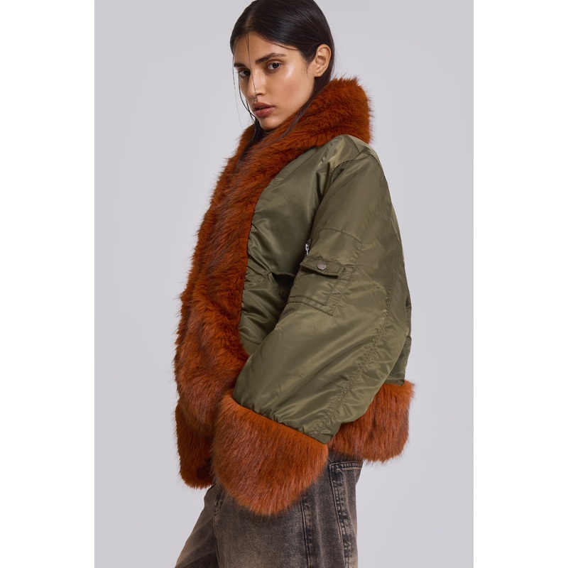 Evren Faux Fur Bomber Jacket in Khaki