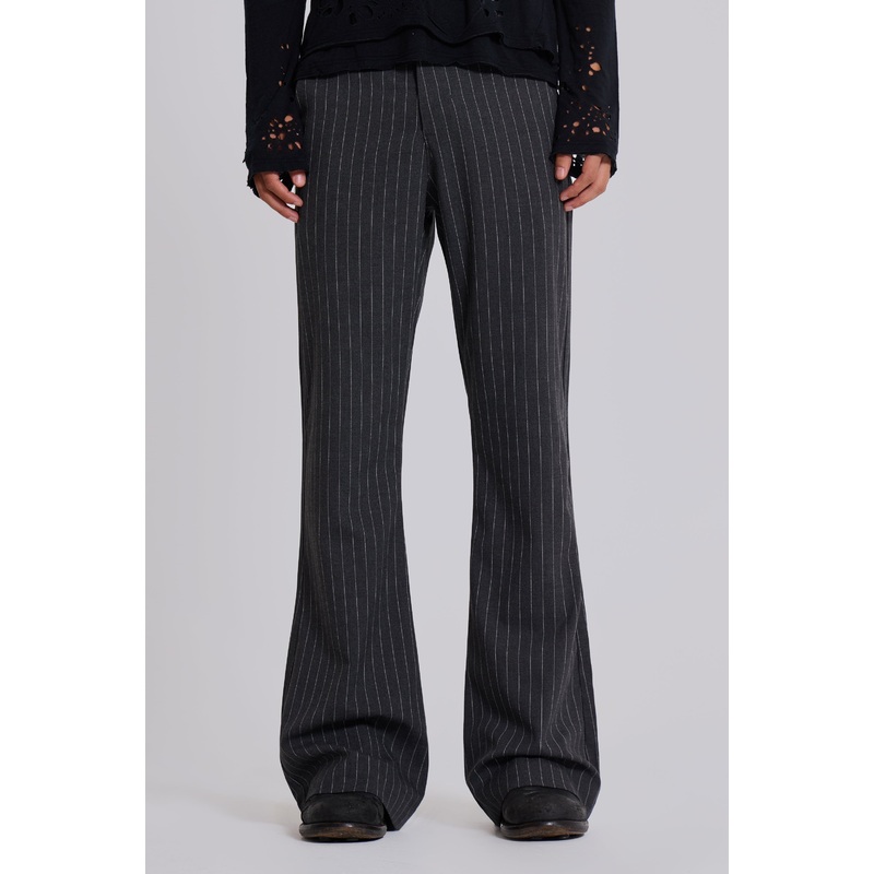 Grey Pinstripe Stacked Bootcut Suit Pants