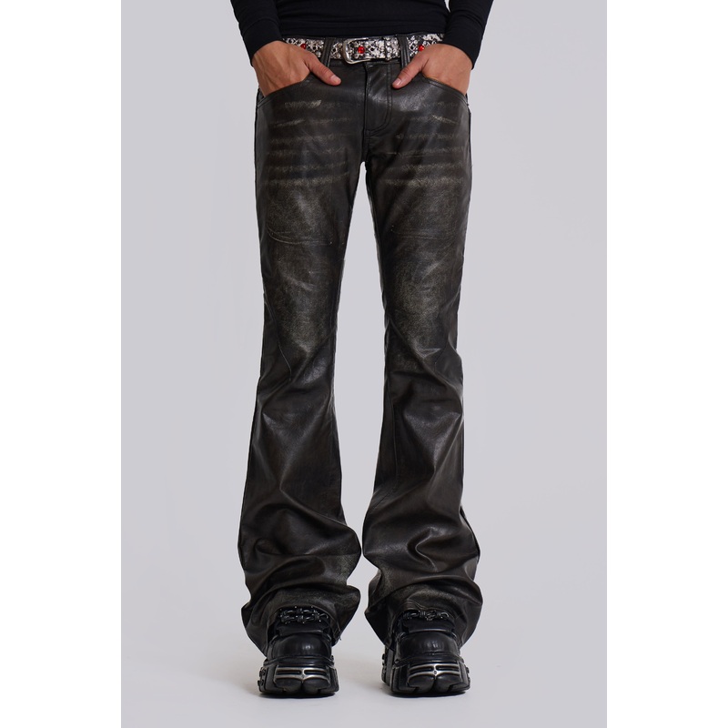 Washed Black PU Drift Flared Jeans