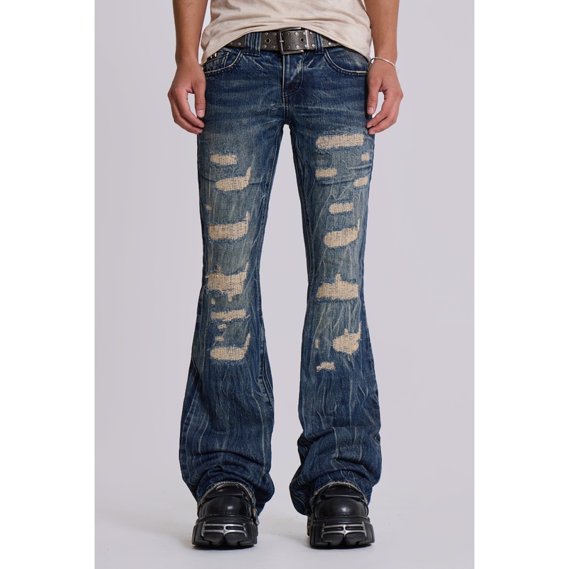Washed Blue Laced Flared Jeans