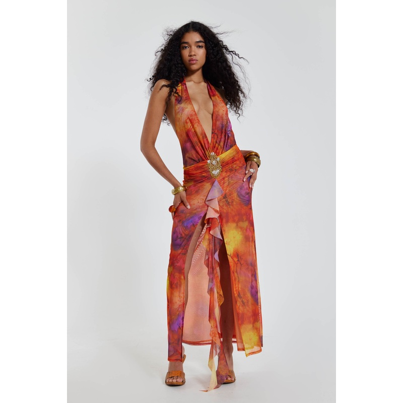 Cindy Plunge Maxi Dress In Orange