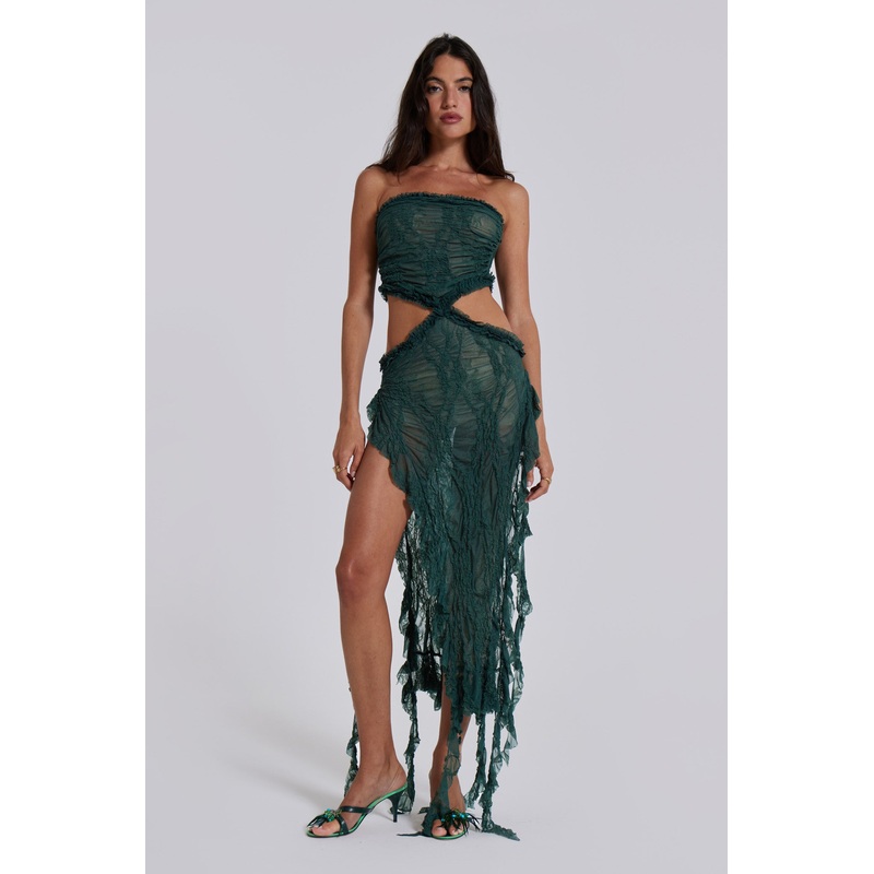 Gaia Scrunch Lace Midi Dress in Forest Green