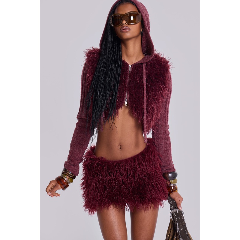 Haka Mongolian Faux Fur Knit Shrug in Wine