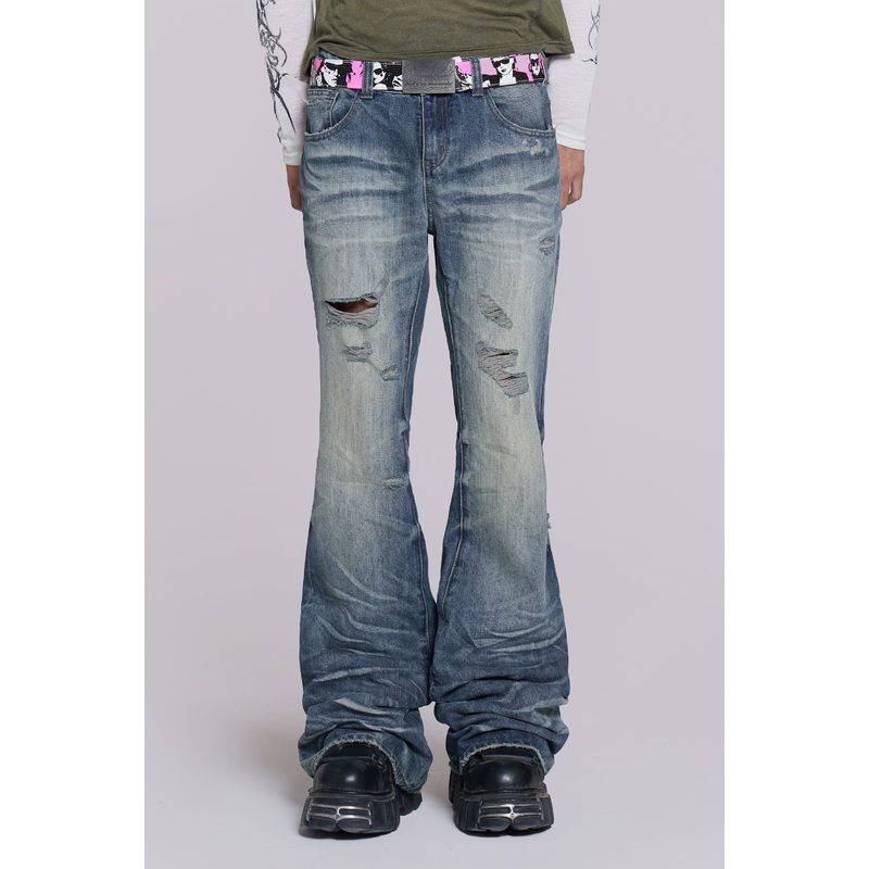 Mid Blue Distressed Creased Drift Flared Jeans
