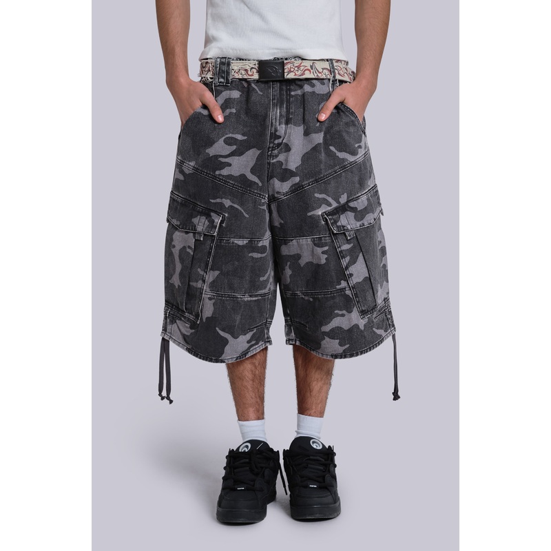 Washed Black Cadet Camo Baggy Shorts
