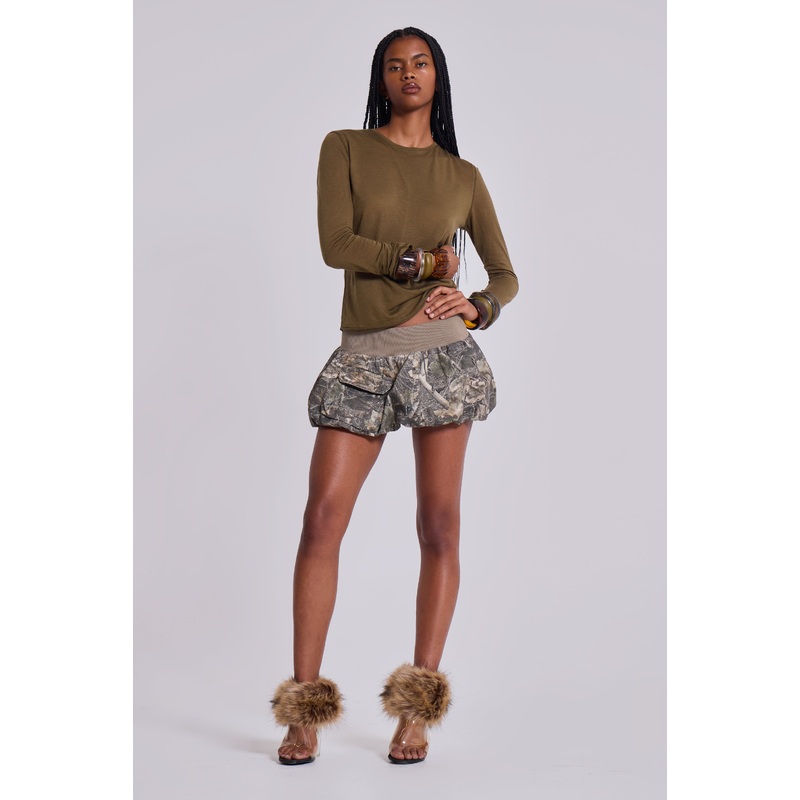 Woodland Camo Puffball Cargo Mini Skirt