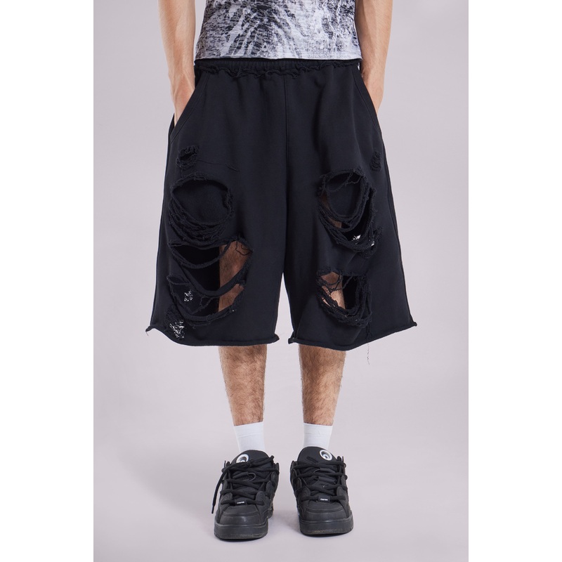 Black Distressed Monster Shorts