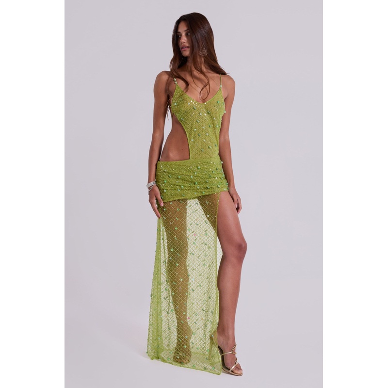 Stellar Asymmetric Hand Beaded Maxi Dress