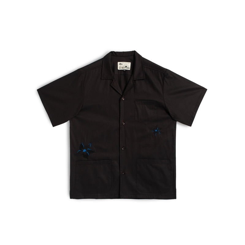Black Embroidered Lily Camp Shirt