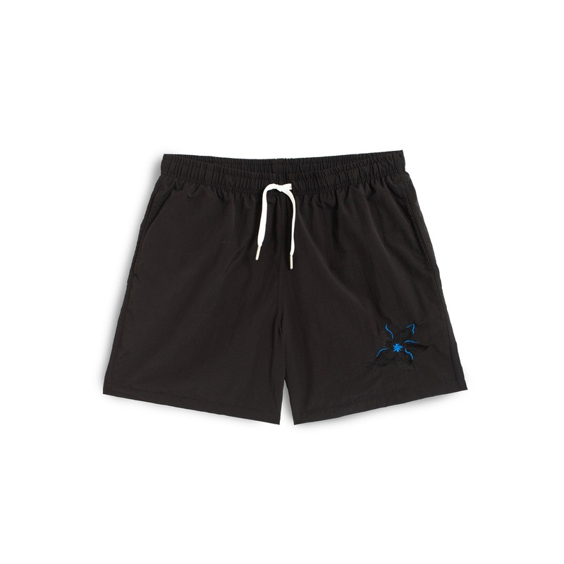 Black Embroidered Lily Swim Trunk