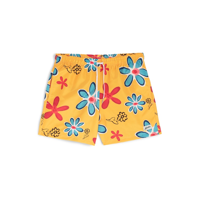 Gold Perennial Floral Print Swim Trunk