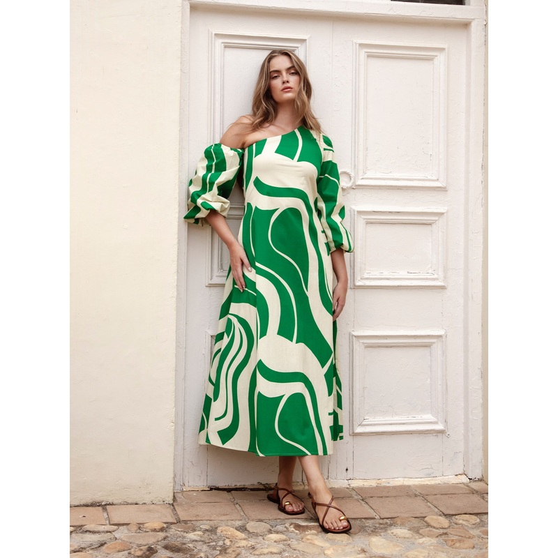 Printed Cotton Poplin Niva Dress - Luze Olive