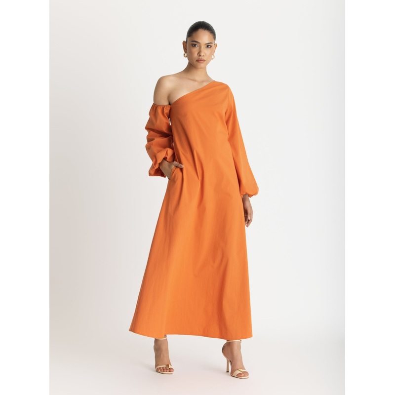 Printed Cotton Poplin Niva Dress - Solid Orange