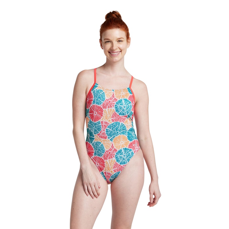 Women's  Printed Double Lace Back One Piece Swimsuit - Blue, Orange and Pink