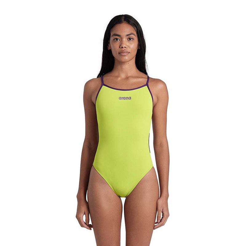 Women's Solid Lace Back One Piece Swimsuit - Green/Violet
