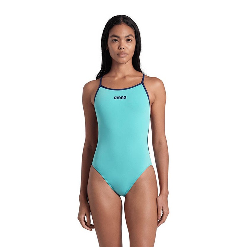 Women's Solid Lace Back One Piece Swimsuit - Sky Blue/Navy
