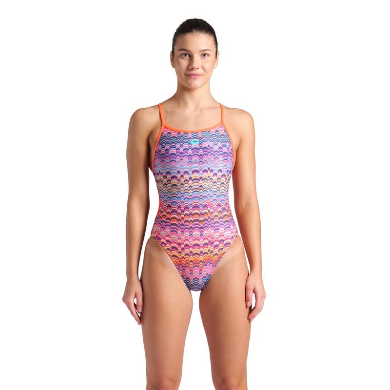 Womens Ondulation Lace Back One Piece Swimsuit -  Violet Bright Coral