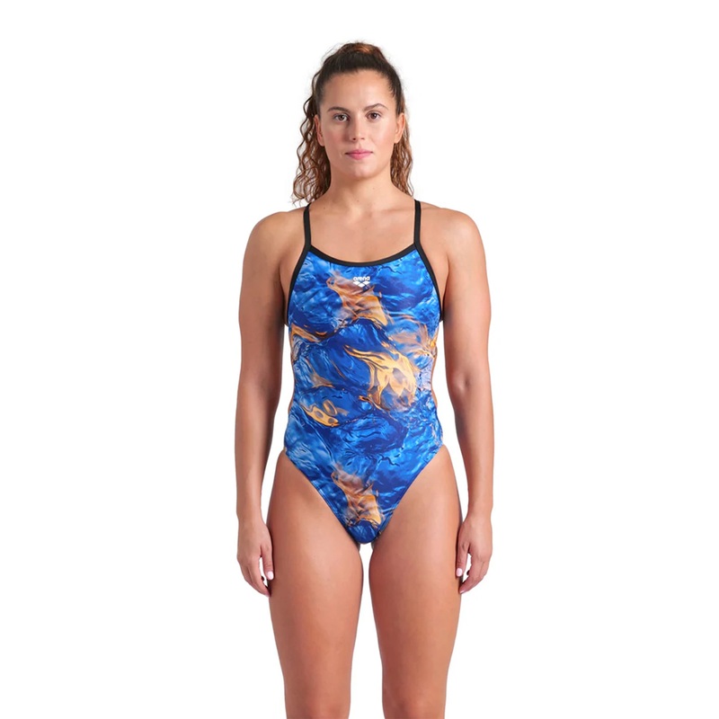 Women's Gold Leaves Challenge Back One Piece Swimsuit - Blue River/Black