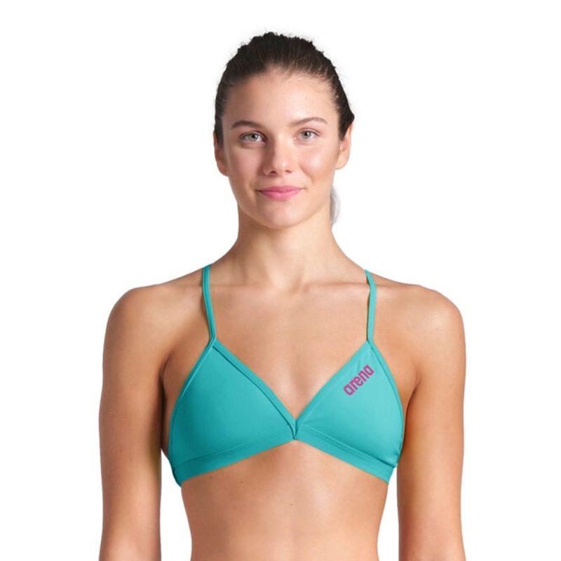 Women's Performance Solid Team Tie Back Swimsuit Top - Water/Shocking Pink